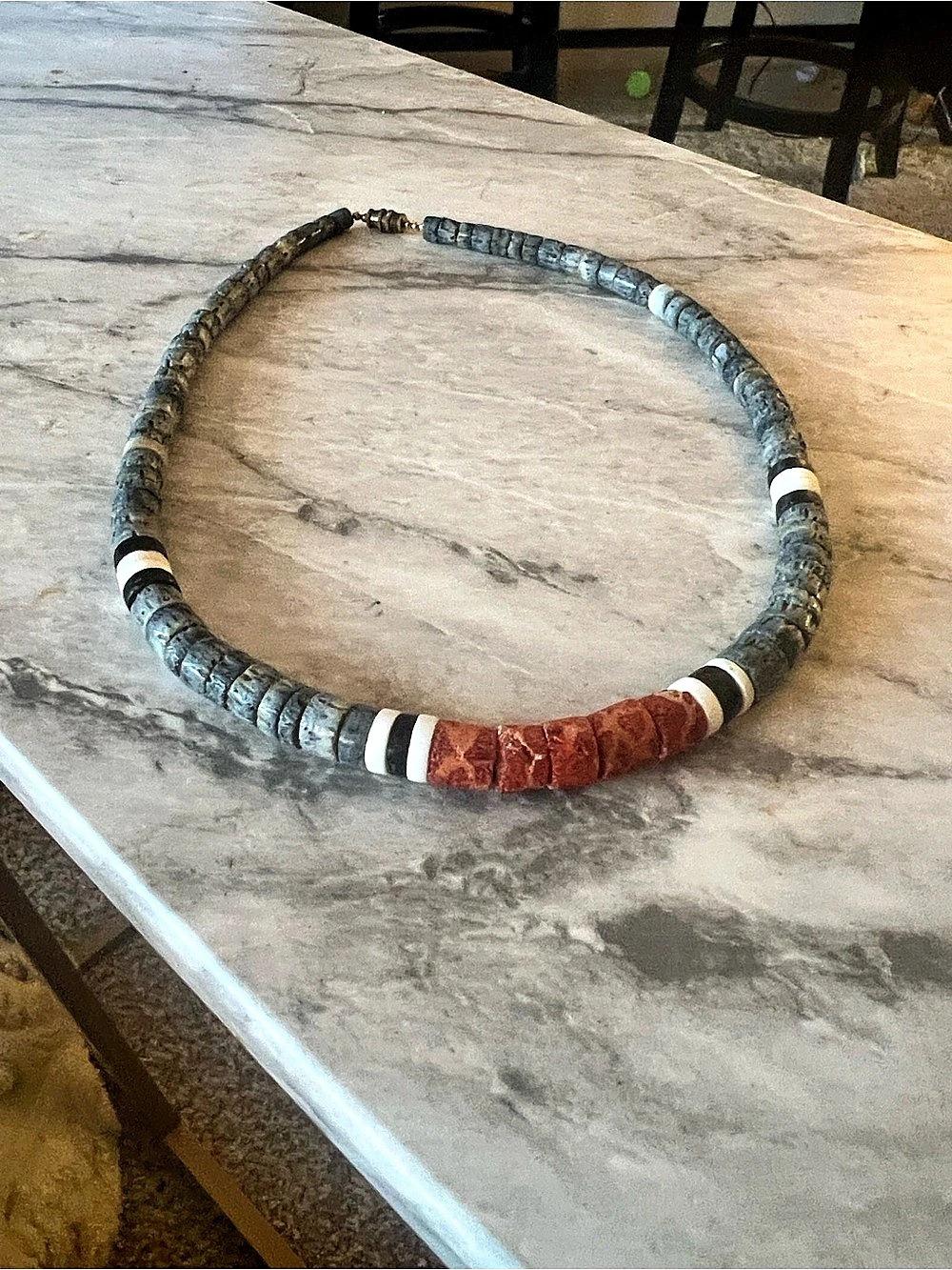 Beaded Necklace in Gray & Red
